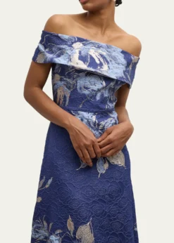 Rickie Freeman for Teri JonOff-Shoulder Metallic Flower Jacquard Gown