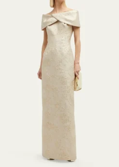Rickie Freeman for Teri JonOff-Shoulder Jacquard Column Gown