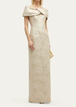 Rickie Freeman for Teri JonOff-Shoulder Jacquard Column Gown