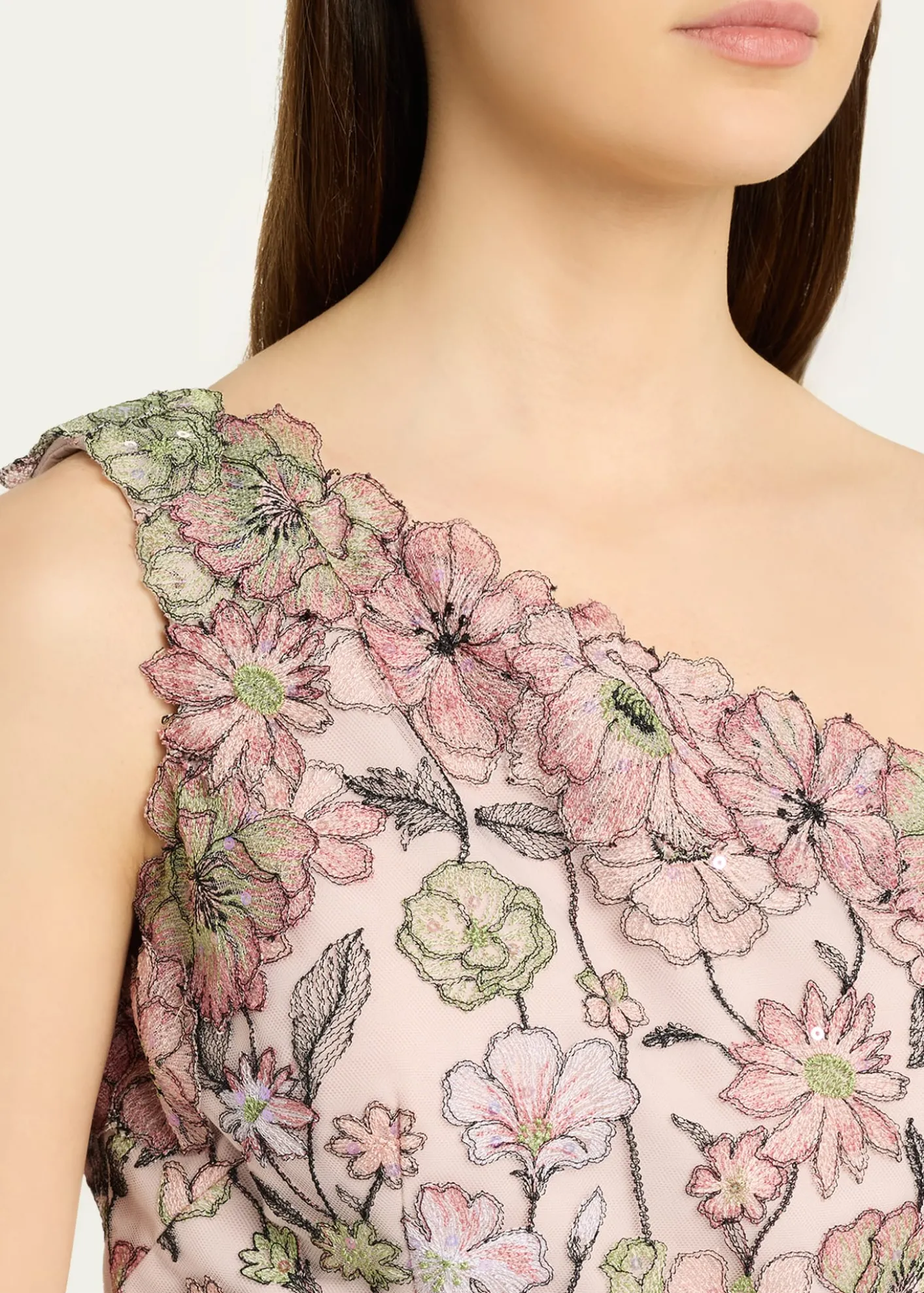 Rickie Freeman for Teri JonOne-Shoulder Embroidered Tulle Gown