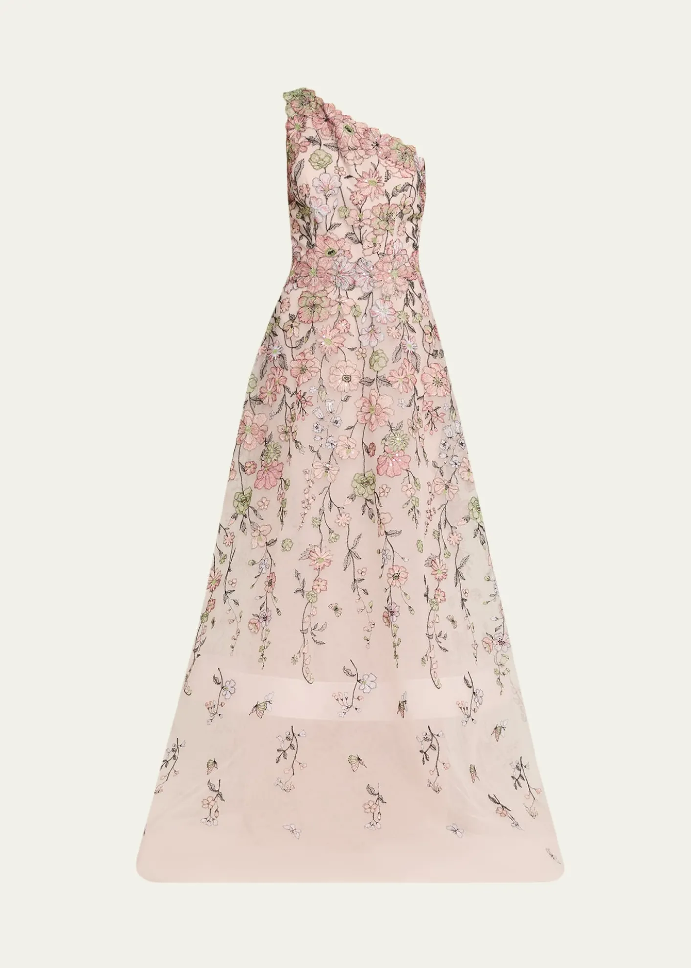 Rickie Freeman for Teri JonOne-Shoulder Embroidered Tulle Gown