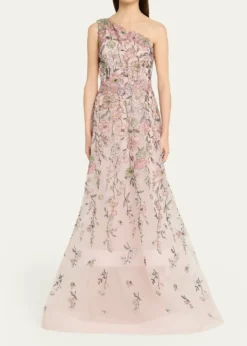 Rickie Freeman for Teri JonOne-Shoulder Embroidered Tulle Gown
