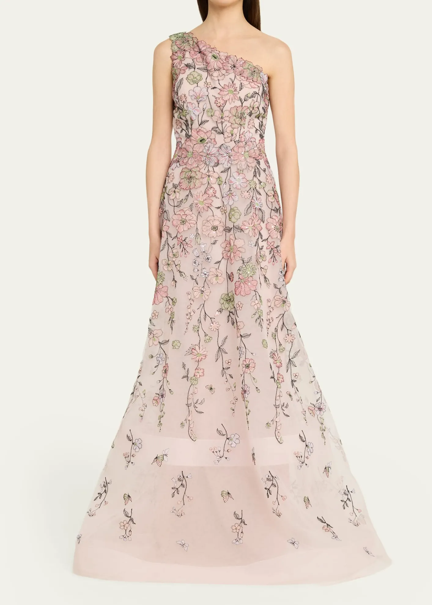 Rickie Freeman for Teri JonOne-Shoulder Embroidered Tulle Gown