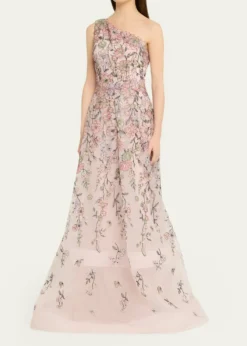 Rickie Freeman for Teri JonOne-Shoulder Embroidered Tulle Gown