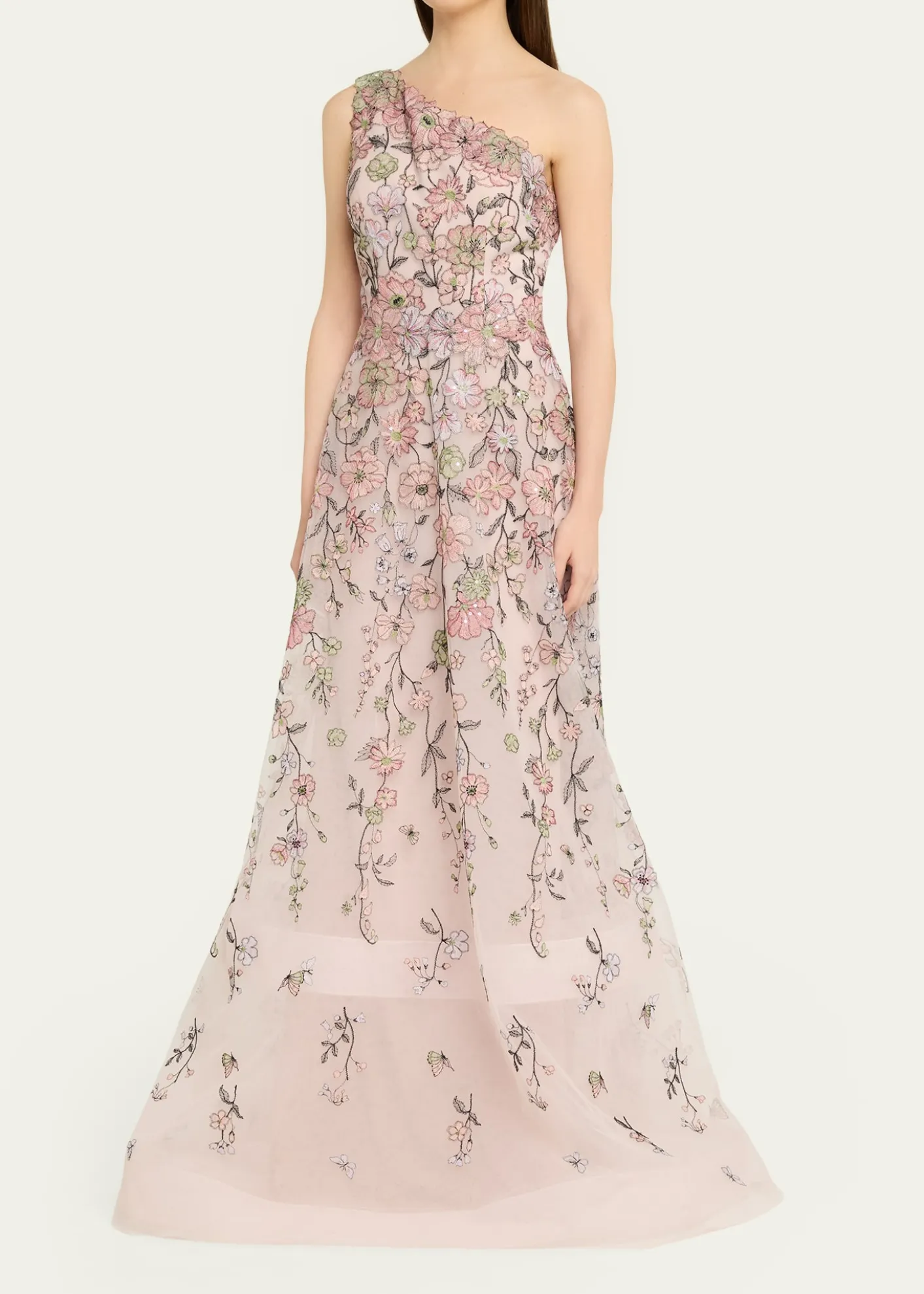 Rickie Freeman for Teri JonOne-Shoulder Embroidered Tulle Gown