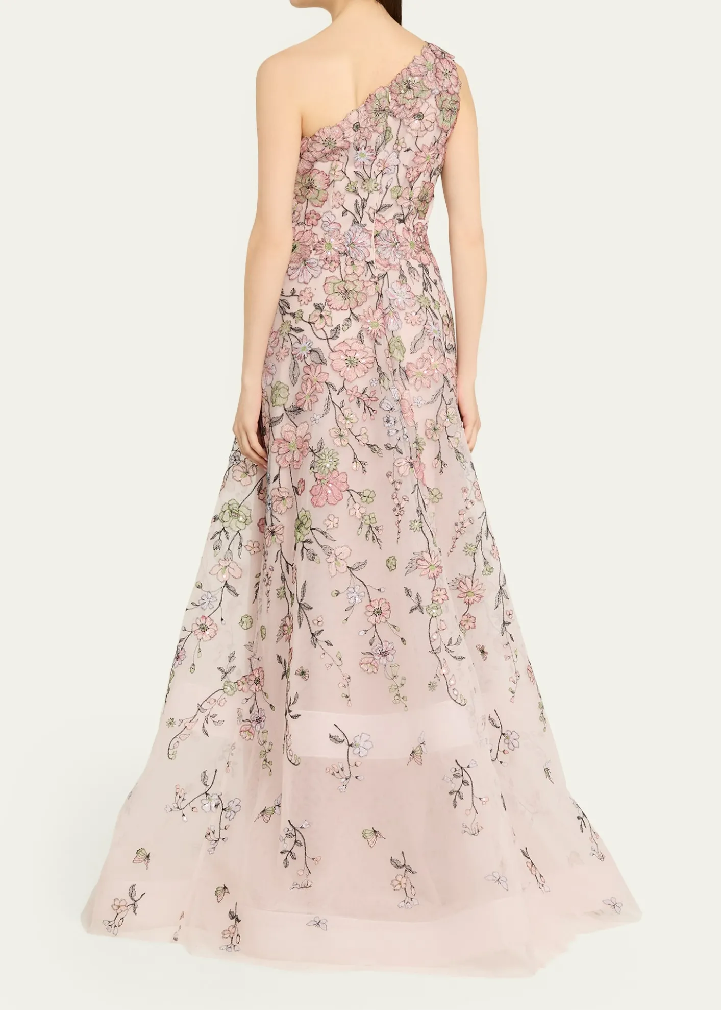 Rickie Freeman for Teri JonOne-Shoulder Embroidered Tulle Gown