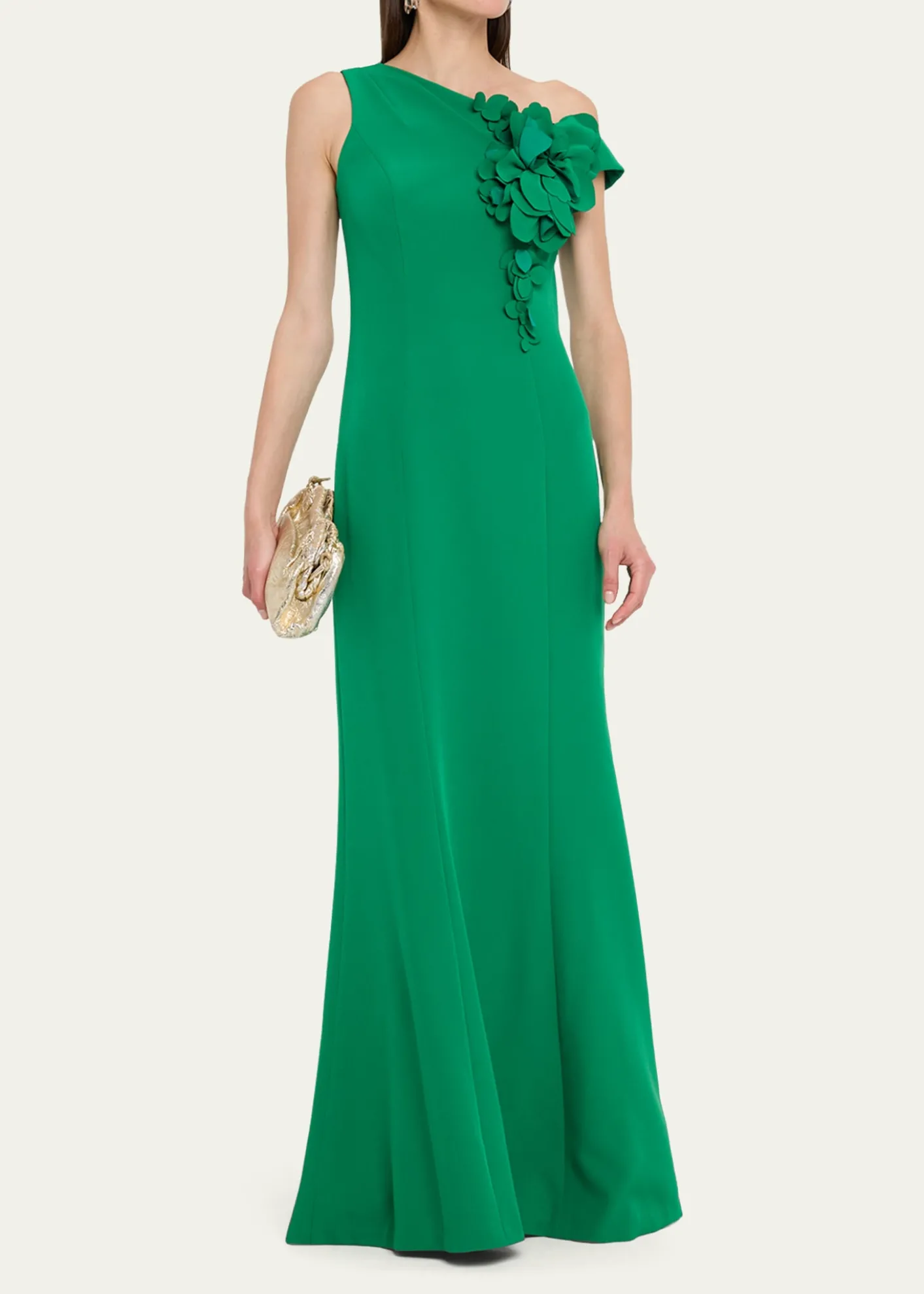 Rickie Freeman for Teri JonOne-Shoulder Floral Applique Stretch Crepe Gown
