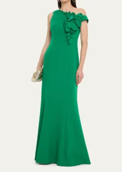 Rickie Freeman for Teri JonOne-Shoulder Floral Applique Stretch Crepe Gown