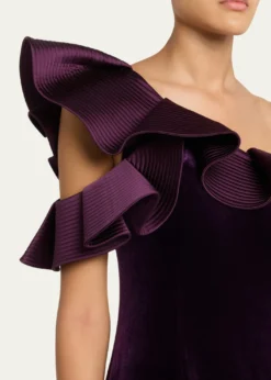 Rickie Freeman for Teri JonOne-Shoulder Ruffle Velvet Gown