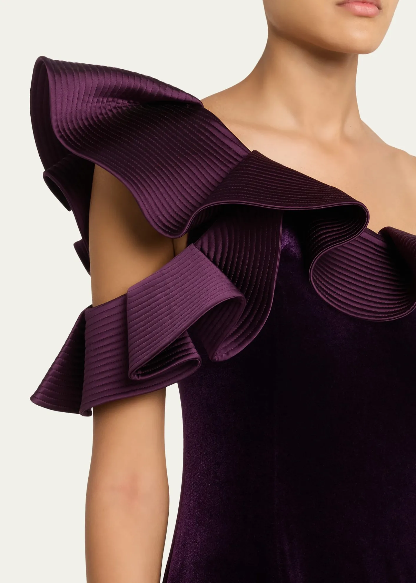 Rickie Freeman for Teri JonOne-Shoulder Ruffle Velvet Gown