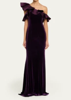 Rickie Freeman for Teri JonOne-Shoulder Ruffle Velvet Gown