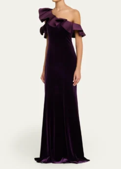 Rickie Freeman for Teri JonOne-Shoulder Ruffle Velvet Gown