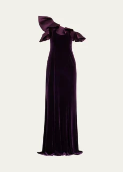 Rickie Freeman for Teri JonOne-Shoulder Ruffle Velvet Gown