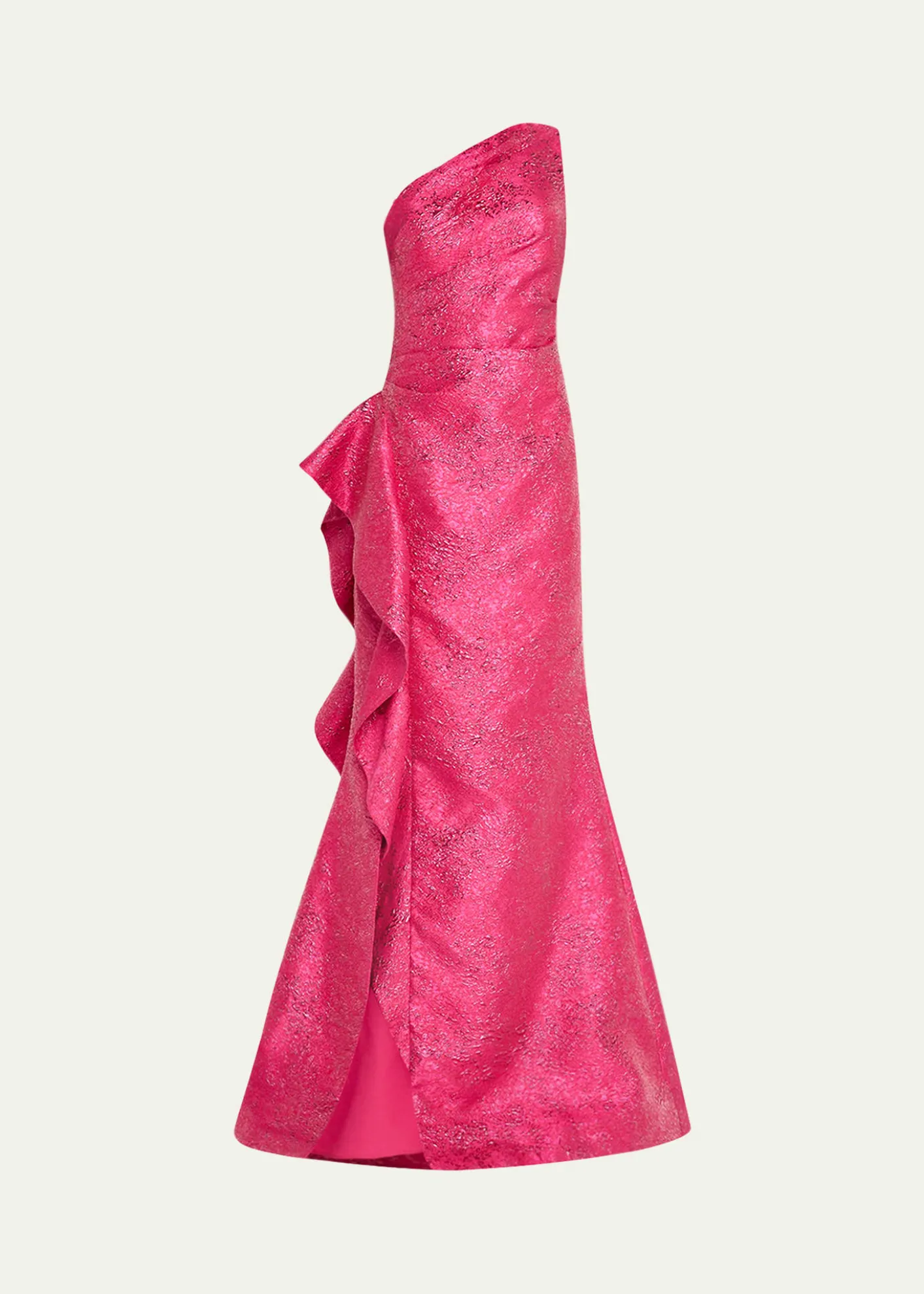 Rickie Freeman for Teri JonOne-Shoulder Metallic Jacquard Trumpet Gown
