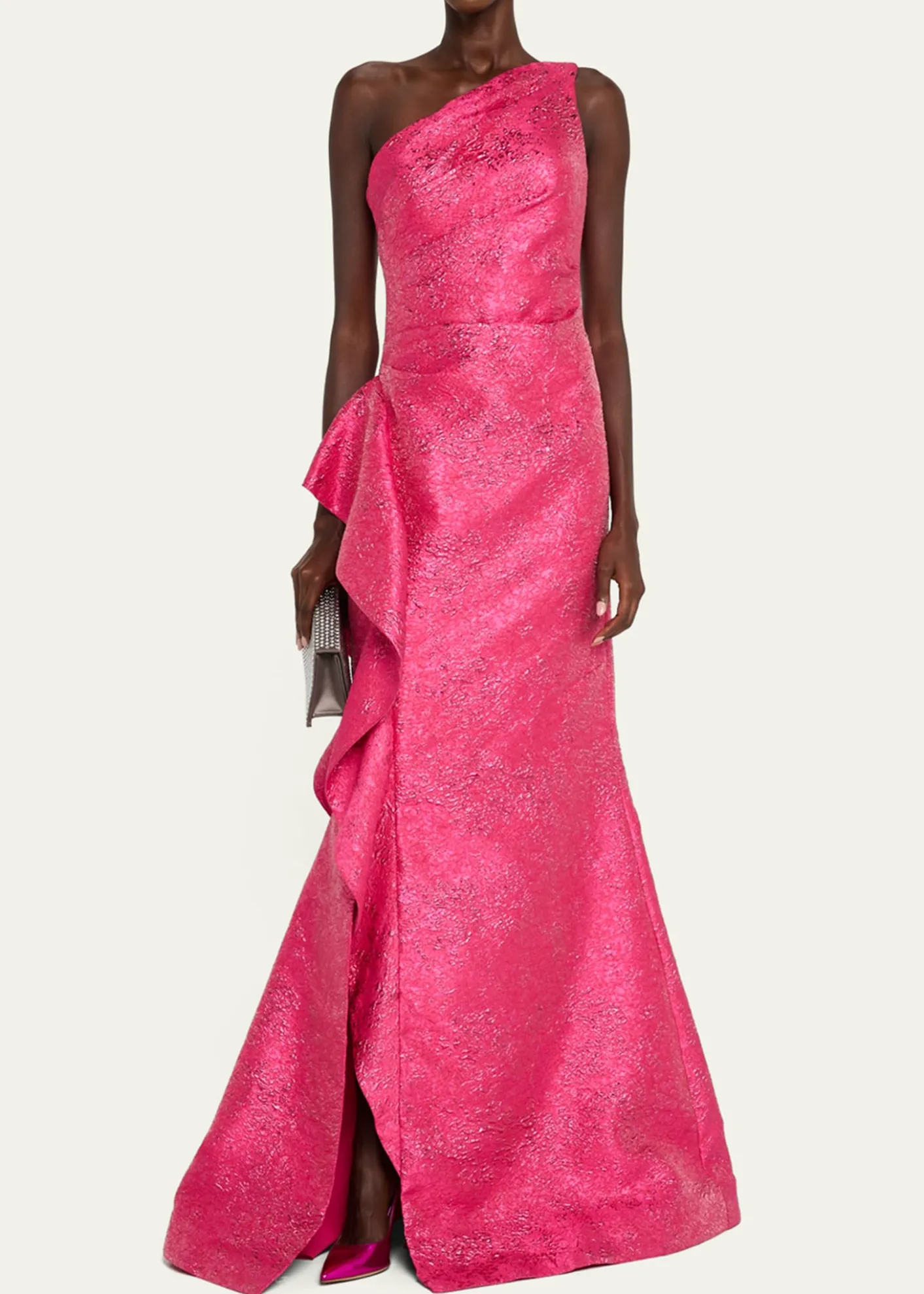 Rickie Freeman for Teri JonOne-Shoulder Metallic Jacquard Trumpet Gown