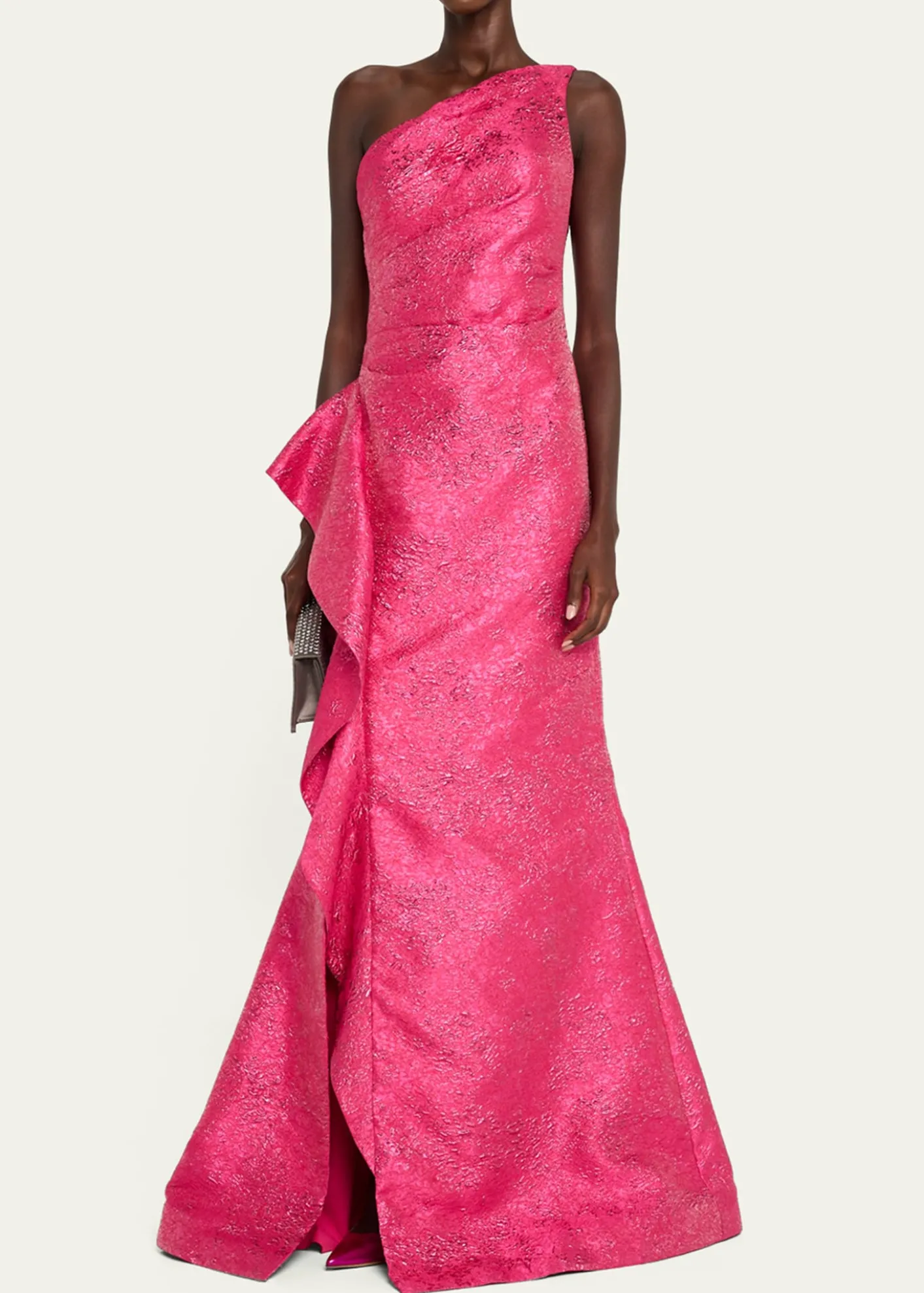 Rickie Freeman for Teri JonOne-Shoulder Metallic Jacquard Trumpet Gown