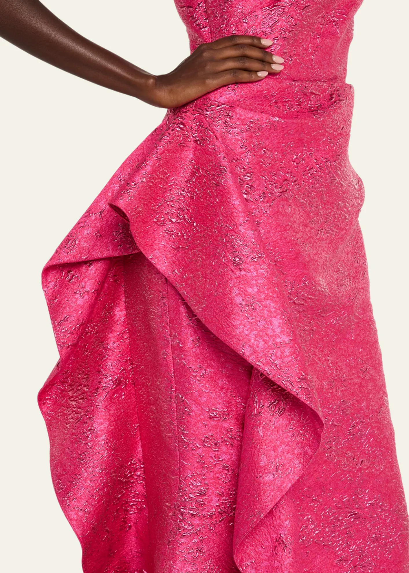 Rickie Freeman for Teri JonOne-Shoulder Metallic Jacquard Trumpet Gown