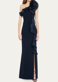 Rickie Freeman for Teri JonOne-Shoulder Ruffle Column Gown