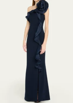 Rickie Freeman for Teri JonOne-Shoulder Ruffle Column Gown