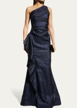 Rickie Freeman for Teri JonOne-Shoulder Jacquard Side-Ruffle Gown