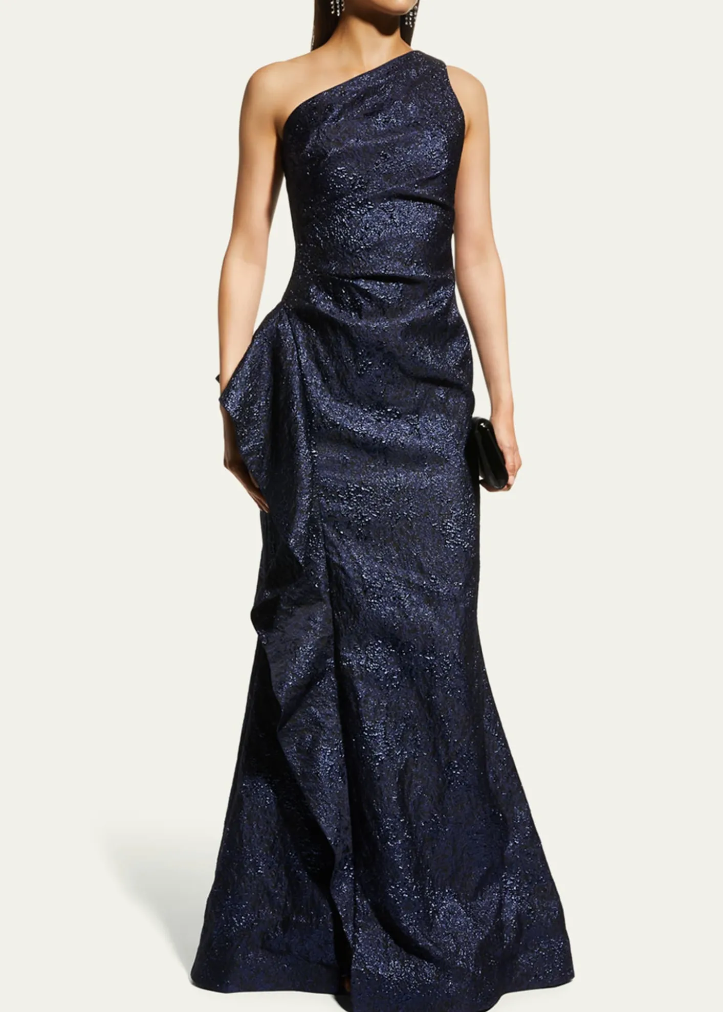 Rickie Freeman for Teri JonOne-Shoulder Jacquard Side-Ruffle Gown