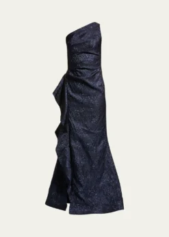 Rickie Freeman for Teri JonOne-Shoulder Jacquard Side-Ruffle Gown