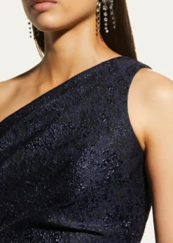 Rickie Freeman for Teri JonOne-Shoulder Jacquard Side-Ruffle Gown