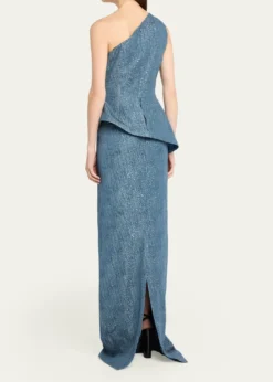 Rickie Freeman for Teri JonOne-Shoulder Metallic Jacquard Peplum Gown