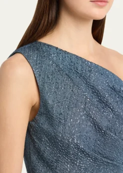 Rickie Freeman for Teri JonOne-Shoulder Metallic Jacquard Peplum Gown