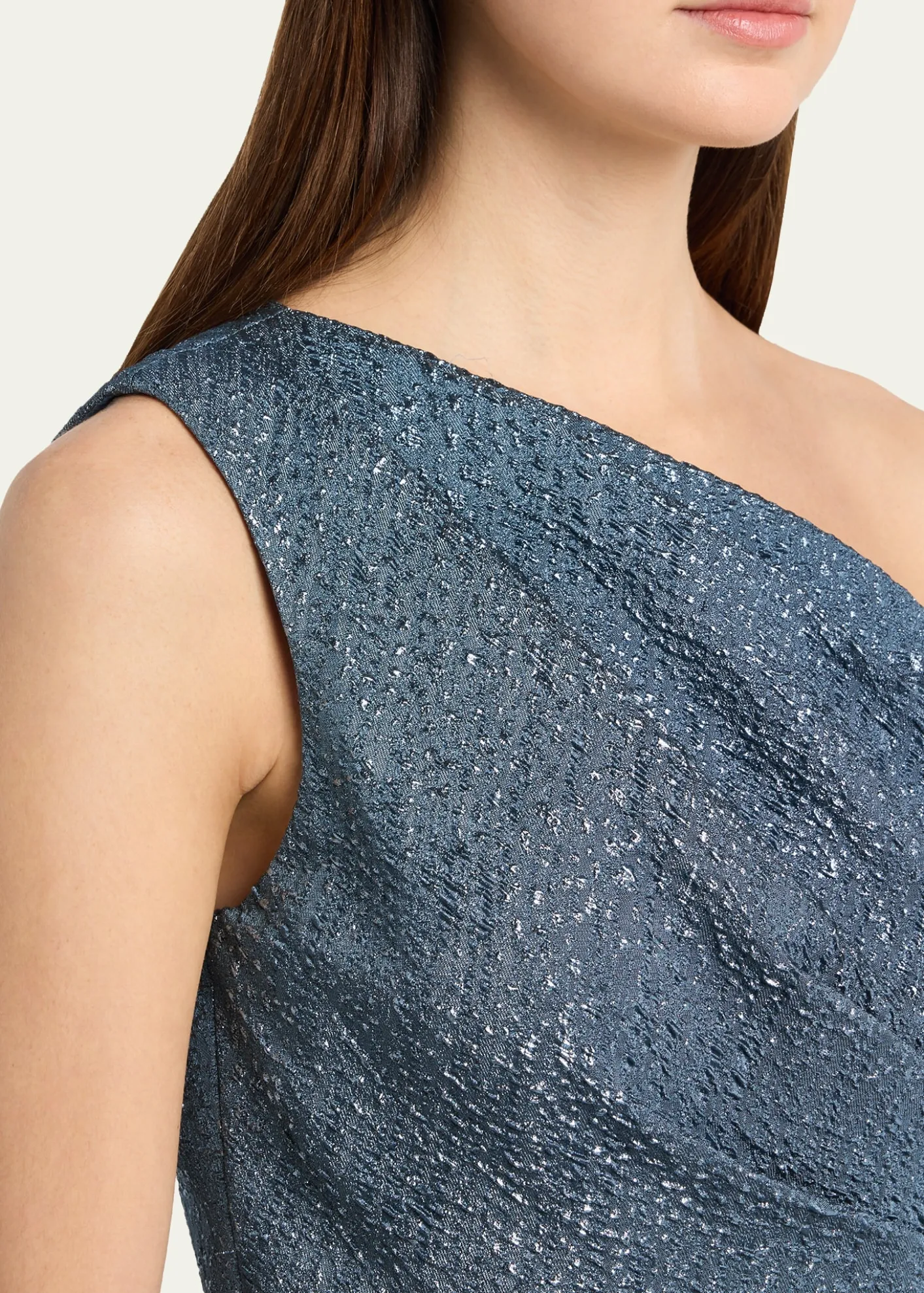 Rickie Freeman for Teri JonOne-Shoulder Metallic Jacquard Peplum Gown