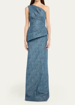 Rickie Freeman for Teri JonOne-Shoulder Metallic Jacquard Peplum Gown