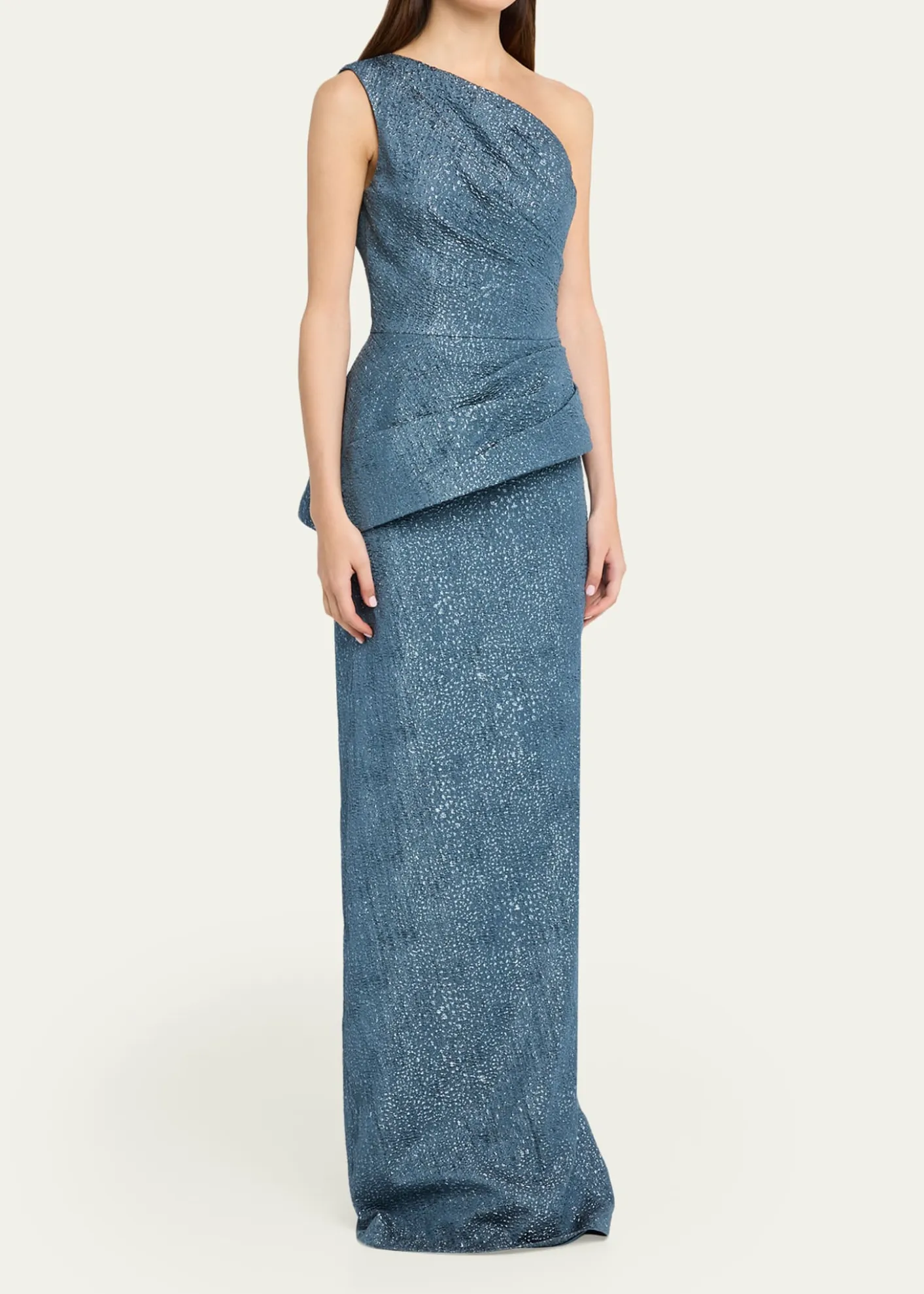 Rickie Freeman for Teri JonOne-Shoulder Metallic Jacquard Peplum Gown