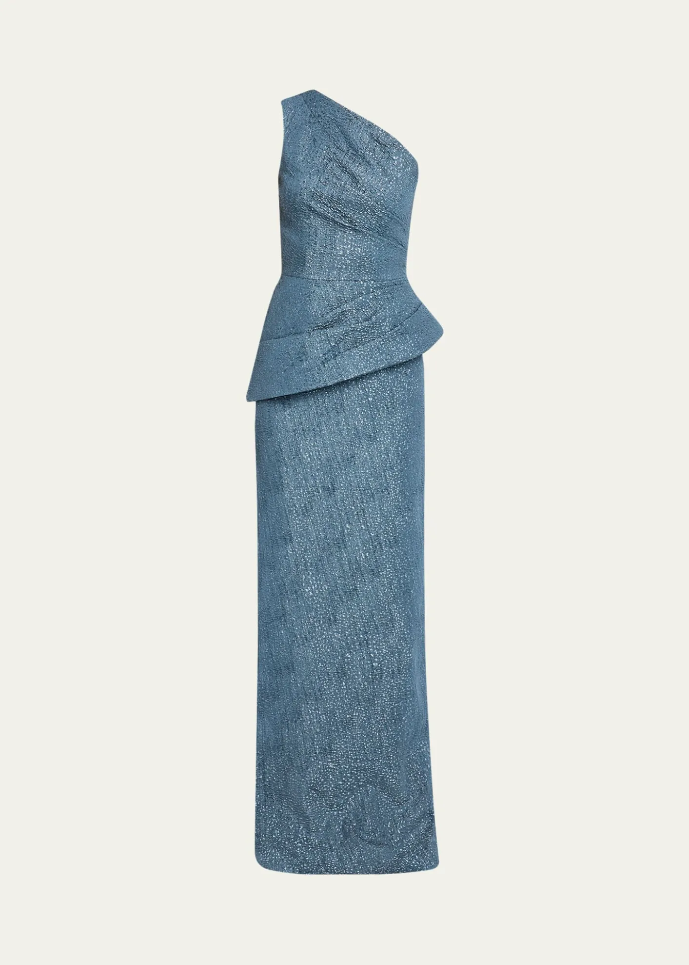 Rickie Freeman for Teri JonOne-Shoulder Metallic Jacquard Peplum Gown