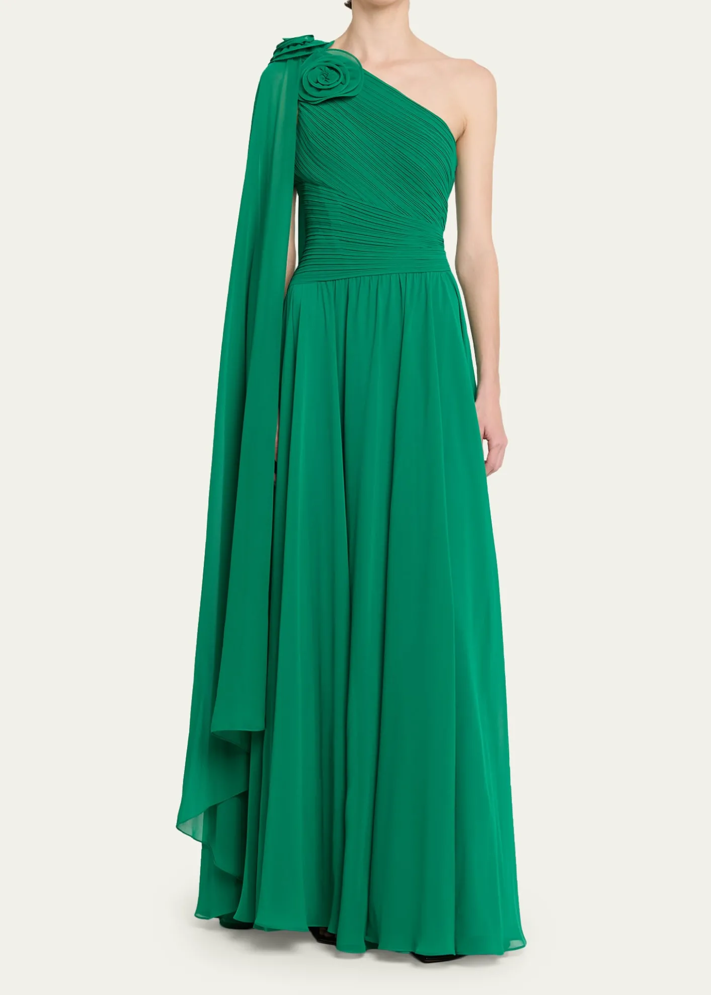 Rickie Freeman for Teri JonPleated Cape-Sleeve Chiffon Gown