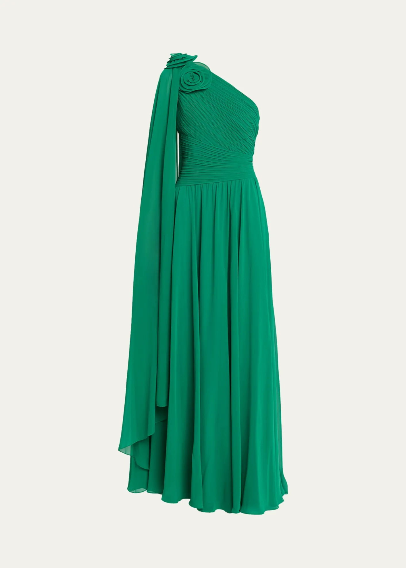 Rickie Freeman for Teri JonPleated Cape-Sleeve Chiffon Gown