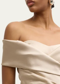 Rickie Freeman for Teri JonPleated Off-Shoulder Satin Column Gown
