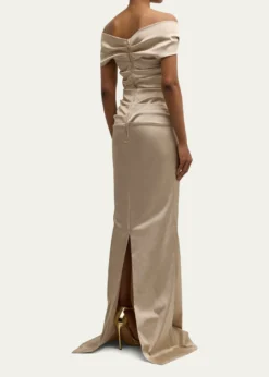 Rickie Freeman for Teri JonPleated Off-Shoulder Satin Column Gown