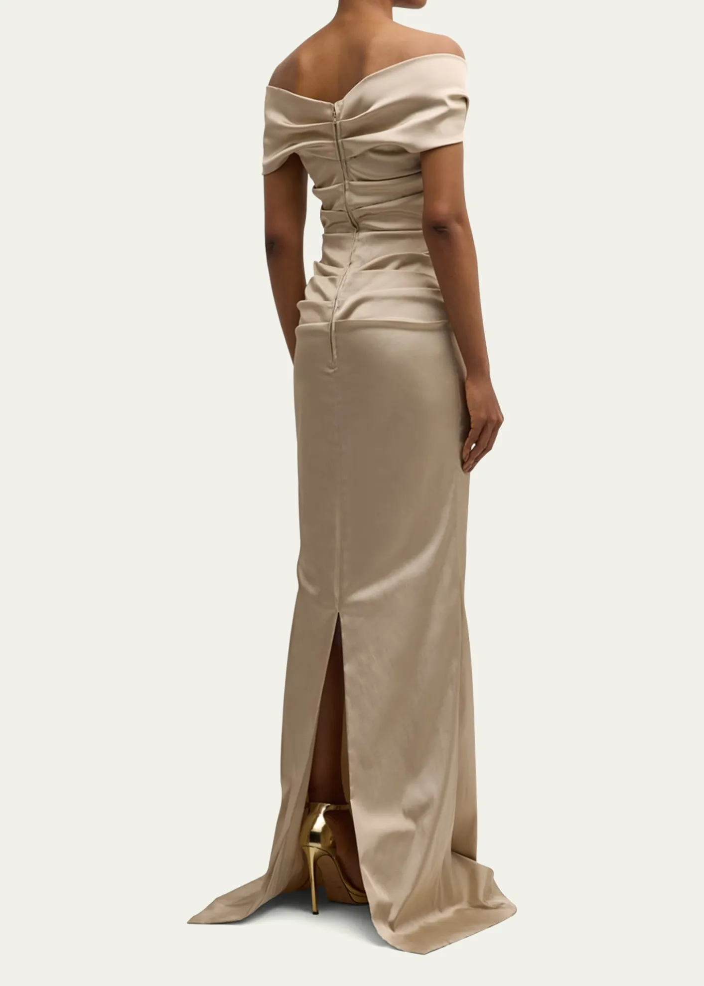 Rickie Freeman for Teri JonPleated Off-Shoulder Satin Column Gown