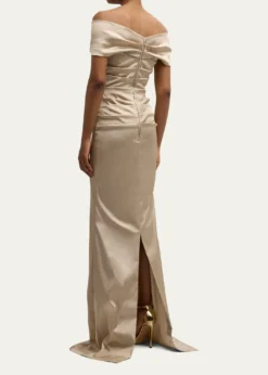 Rickie Freeman for Teri JonPleated Off-Shoulder Satin Column Gown