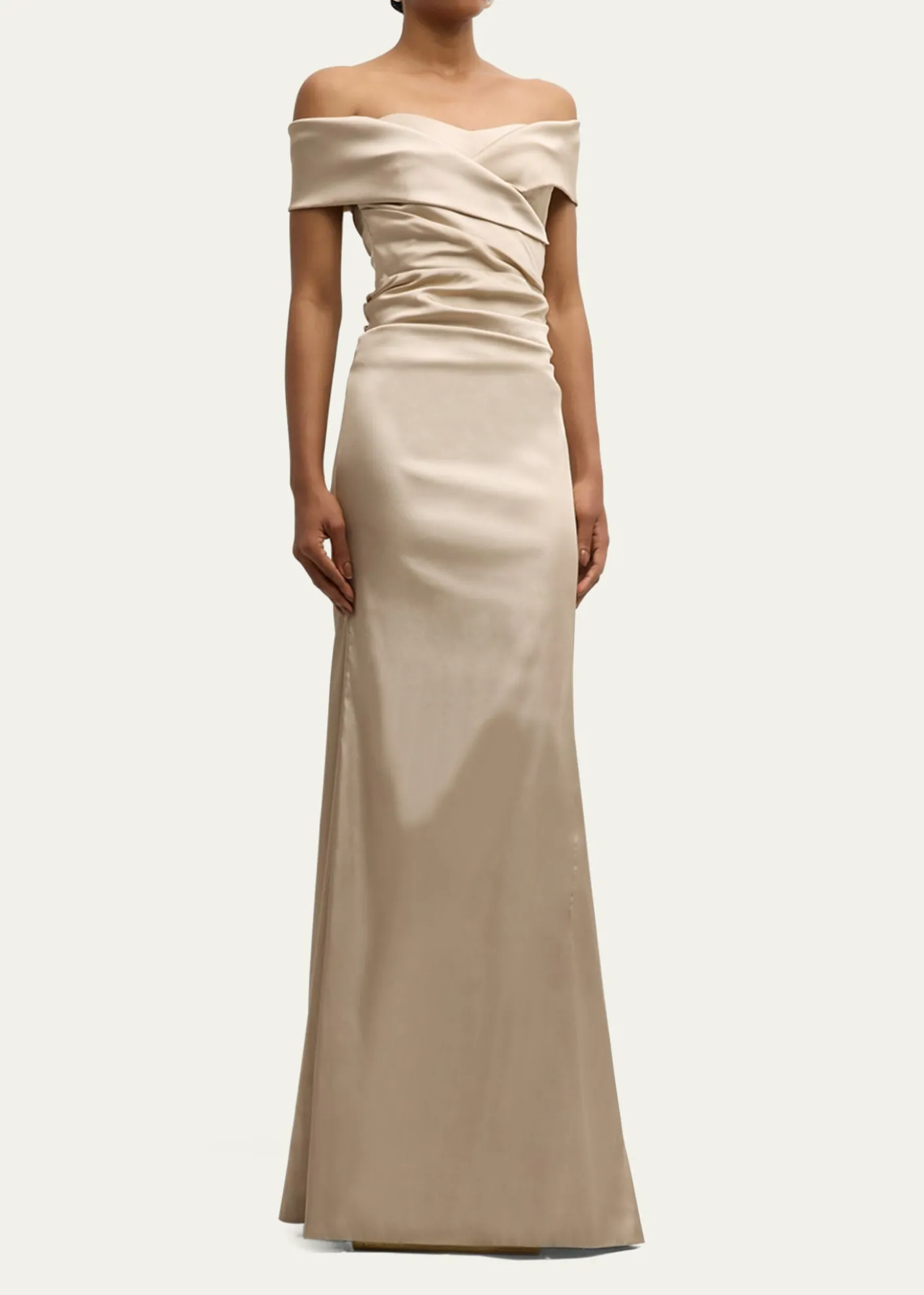 Rickie Freeman for Teri JonPleated Off-Shoulder Satin Column Gown