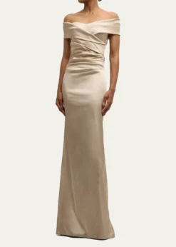 Rickie Freeman for Teri JonPleated Off-Shoulder Satin Column Gown