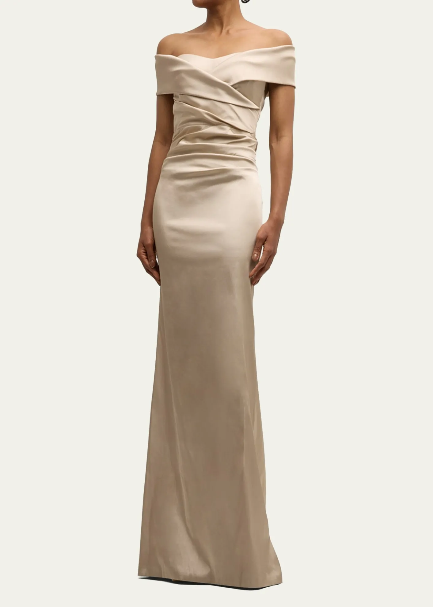 Rickie Freeman for Teri JonPleated Off-Shoulder Satin Column Gown