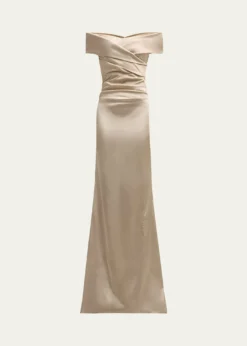 Rickie Freeman for Teri JonPleated Off-Shoulder Satin Column Gown