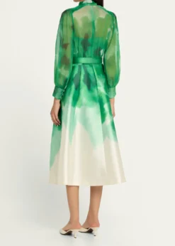 Rickie Freeman for Teri JonPleated Tie-Neck Mixed Media Midi Shirtdress