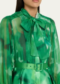 Rickie Freeman for Teri JonPleated Tie-Neck Mixed Media Midi Shirtdress