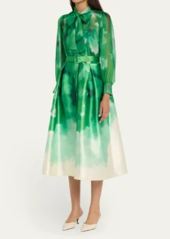 Rickie Freeman for Teri JonPleated Tie-Neck Mixed Media Midi Shirtdress