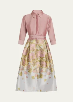 Rickie Freeman for Teri JonPleated Floral Jacquard Midi Shirtdress