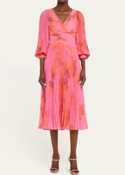 Rickie Freeman for Teri JonPleated Abstract-Print Chiffon Midi Dress