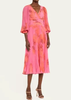 Rickie Freeman for Teri JonPleated Abstract-Print Chiffon Midi Dress
