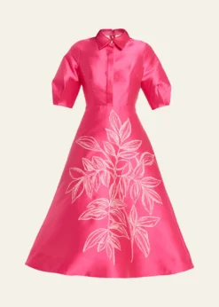 Rickie Freeman for Teri JonPuff-Sleeve Gazar Midi Shirtdress